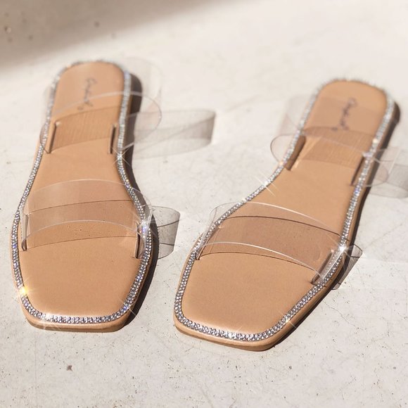 NEW Clear Sparkly Rhinestone Embellished Double Straps Slip On Slides Sandals - Picture 13 of 15